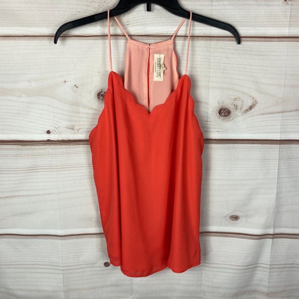 Sweet Wanderer Top Womens Medium Orange Scallop Tank Sleeveless Spaghetti Strap